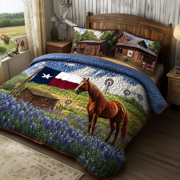 Bluebonnet Horse quilted 3-piece bedding set on a made bed in a rustic timber bedroom