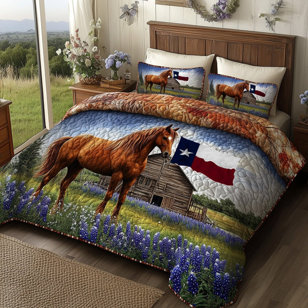 Bluebonnet Horse quilted 3-piece bedding set on a made bed in a rustic timber bedroom