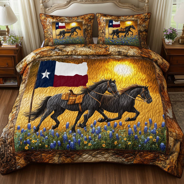 Bluebonnet Horse quilted 3-piece bedding set on a made bed in a rustic timber bedroom