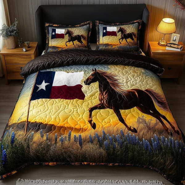 Bluebonnet Horse quilted 3-piece bedding set on a made bed in a rustic timber bedroom