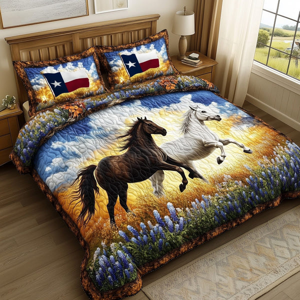 Bluebonnet Horse quilted 3-piece bedding set on a made bed in a rustic timber bedroom