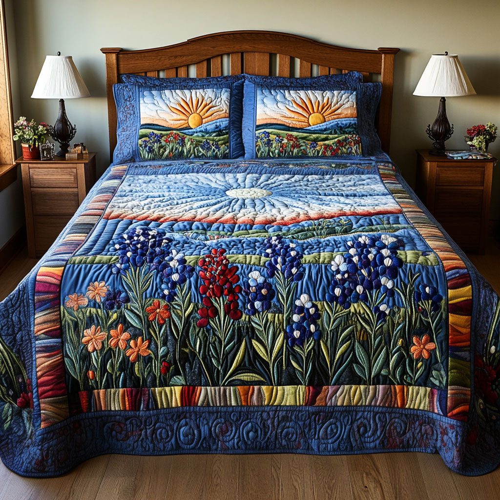 Bluebonnet Meadows quilted 3-piece bedding set on a made bed with two matching pillow shams