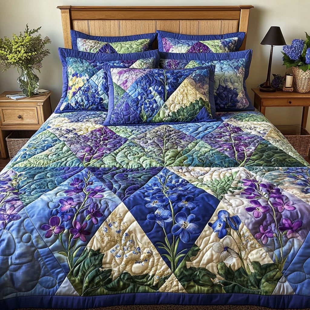 Bluebonnet Patchwork quilted 3-piece bedding set on a made bed in a farmhouse bedroom