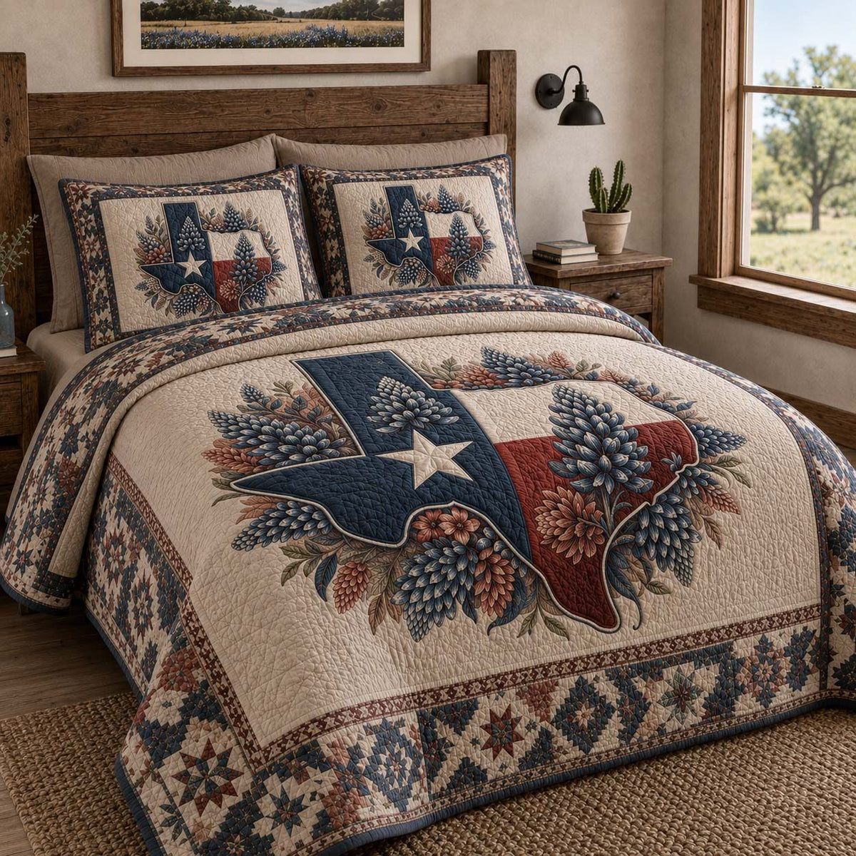 Bluebonnet Pride quilted 3-piece bedding set on a made bed with two matching pillow shams