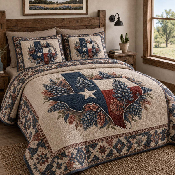 Bluebonnet Pride quilted 3-piece bedding set on a made bed with two matching pillow shams