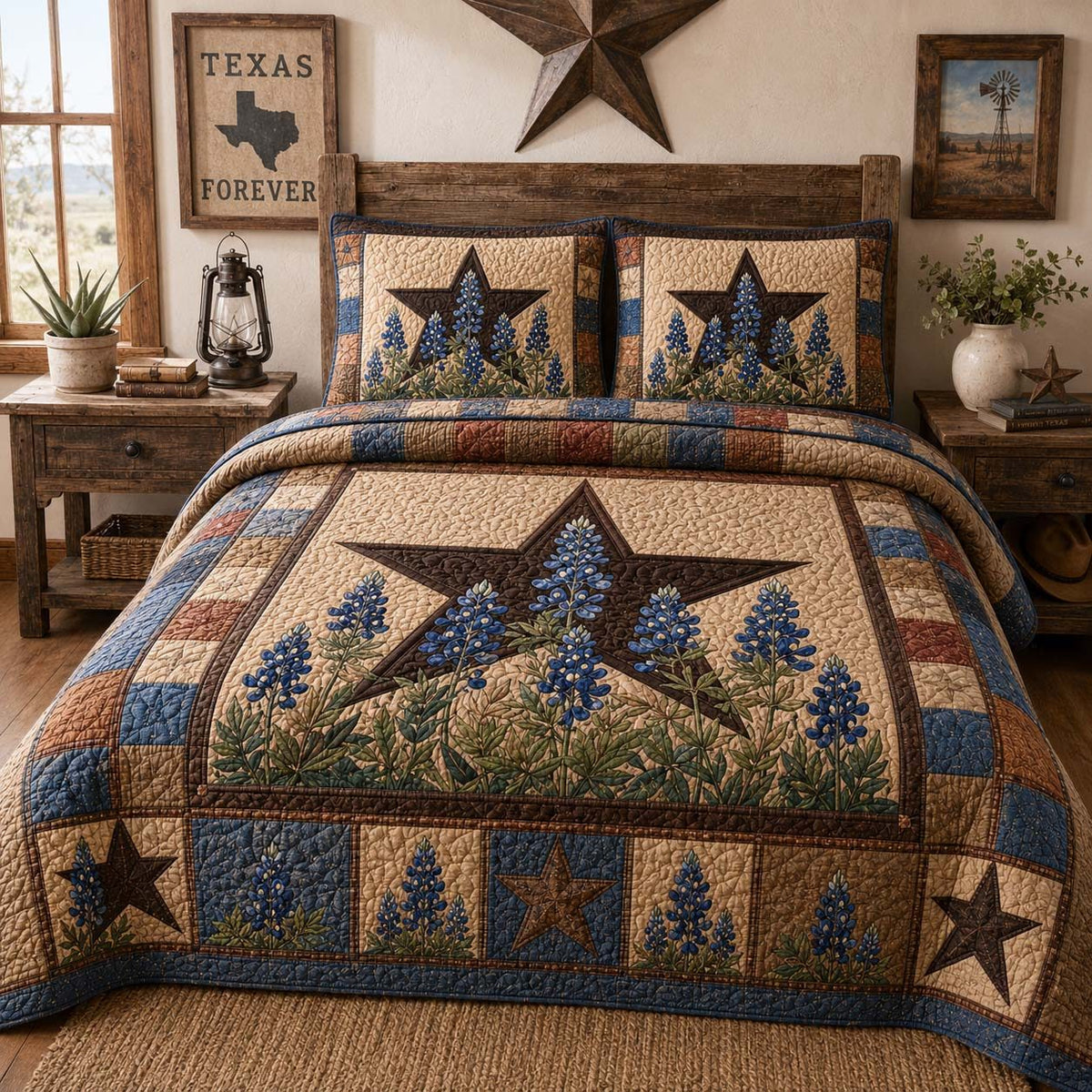 Bluebonnet Star quilted 3-piece bedding set on a made bed with two matching pillow shams
