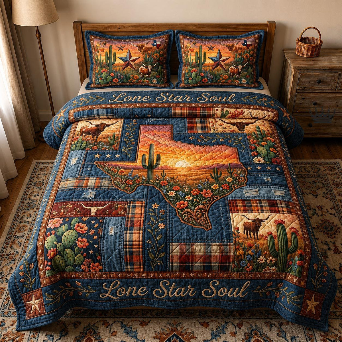 Bluebonnet State quilted 3-piece bedding set on a made bed with two matching pillow shams