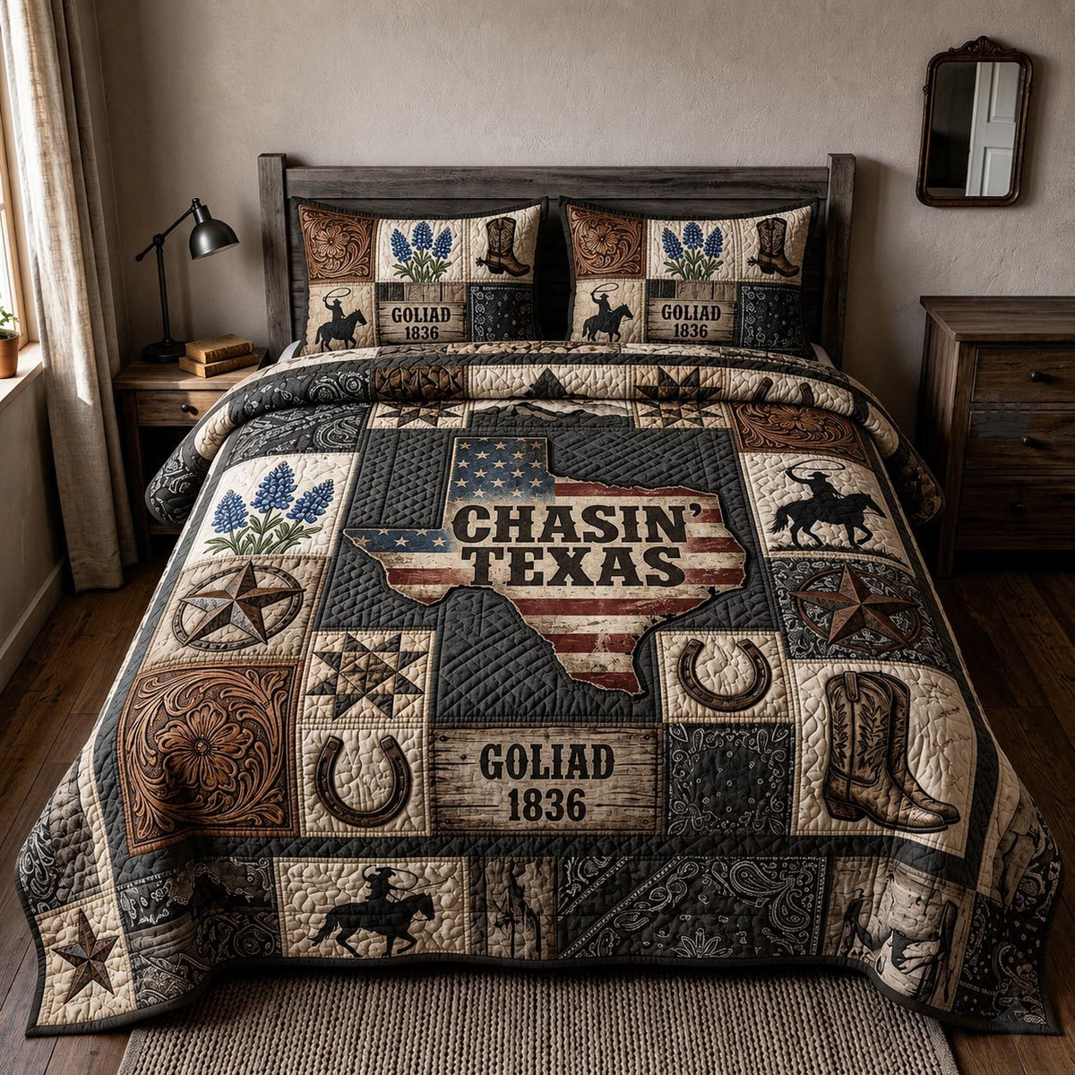 Bluebonnet State quilted 3-piece bedding set on a made bed with two matching pillow shams
