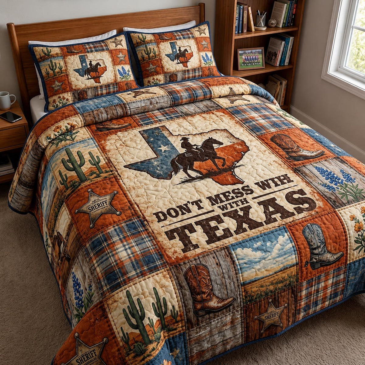 Bluebonnet State quilted 3-piece bedding set on a made bed with two matching pillow shams