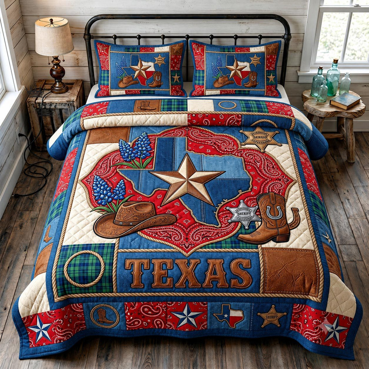 Bluebonnet State quilted 3-piece bedding set on a made bed with two matching pillow shams