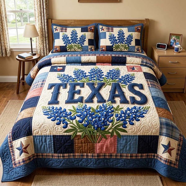 Bluebonnet Texas quilted 3-piece bedding set on a made bed in a rustic timber bedroom