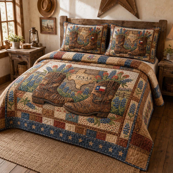 Bluebonnet Trail quilted 3-piece bedding set on a made bed with two matching pillow shams