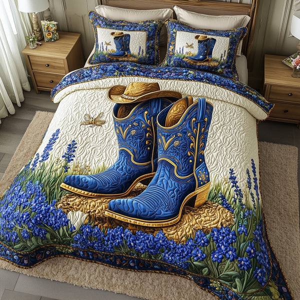Bluebonnets Charm quilted 3-piece bedding set on a made bed with two matching pillow shams