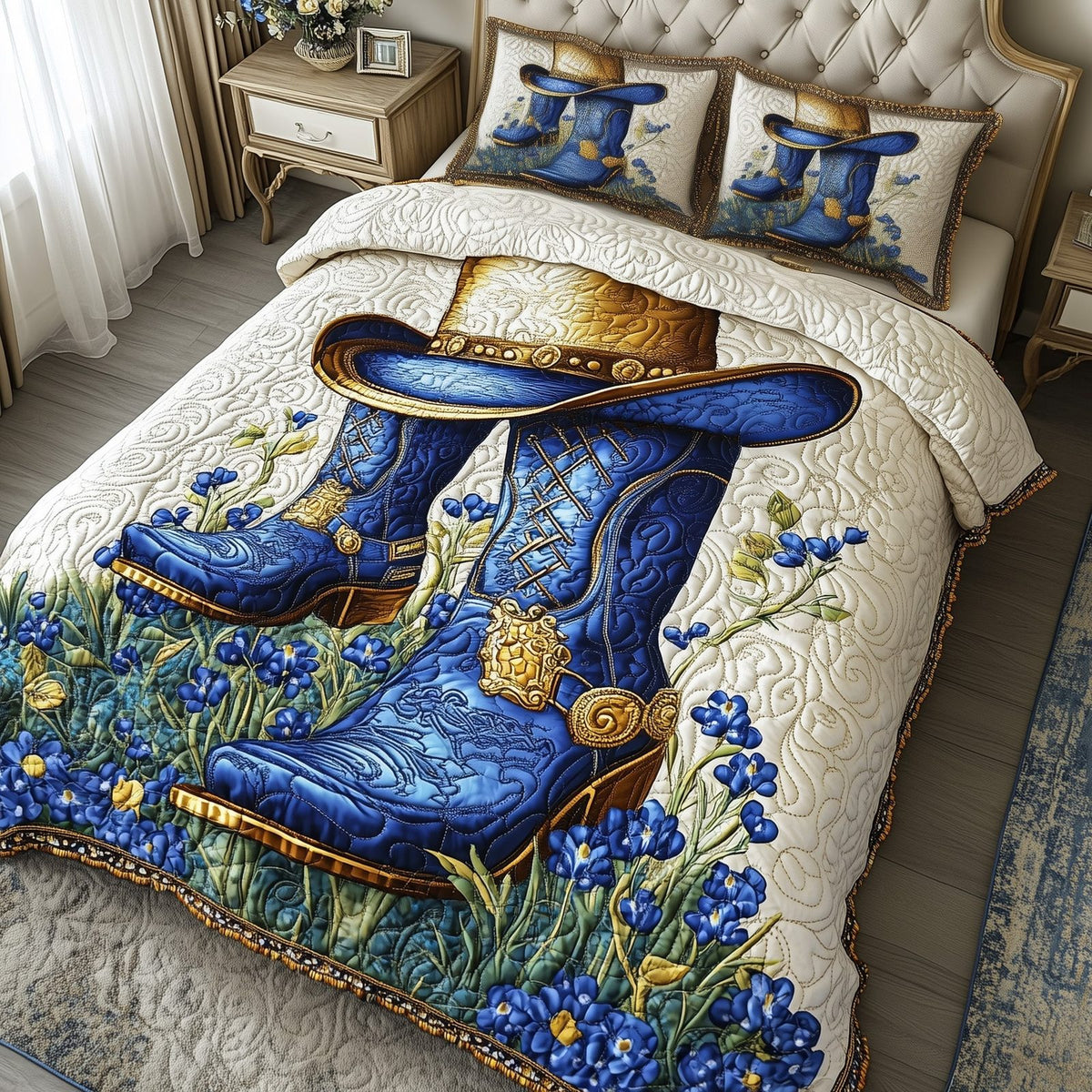 Bluebonnets Charm quilted 3-piece bedding set on a made bed with two matching pillow shams