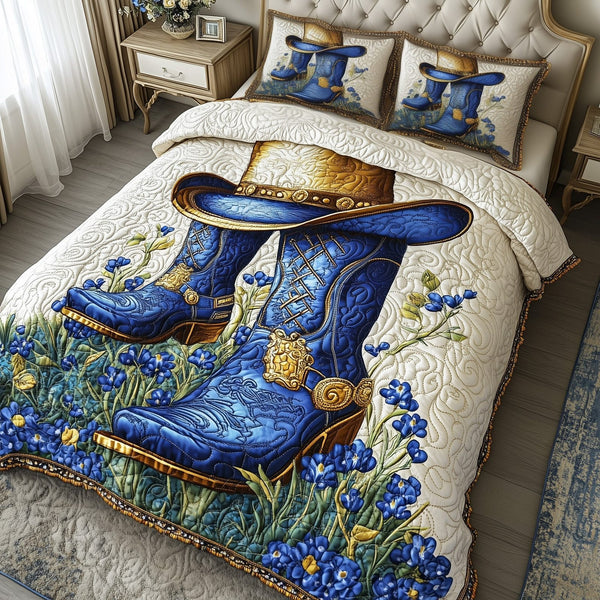 Bluebonnets Charm quilted 3-piece bedding set on a made bed with two matching pillow shams