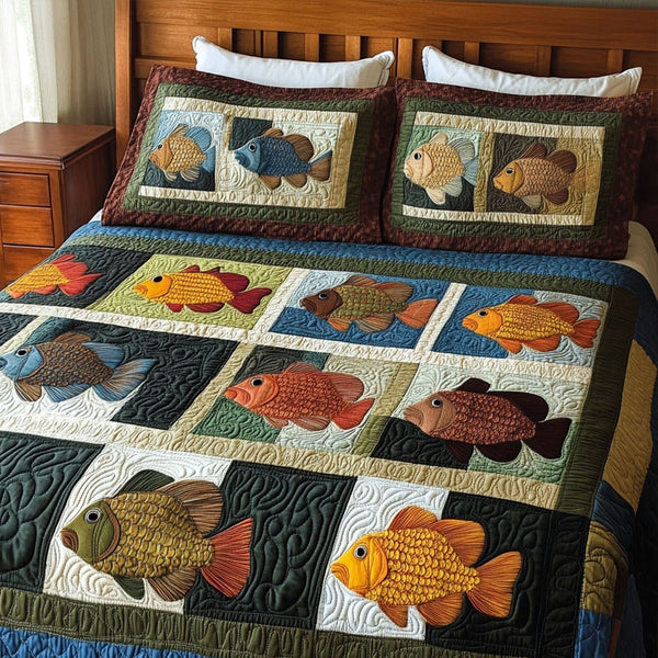 Bluegill Bay quilted 3-piece bedding set on a made bed in a light coastal bedroom