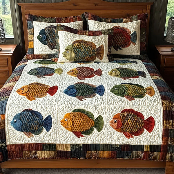 Bluegill Dreams quilted 3-piece bedding set on a made bed with two matching pillow shams