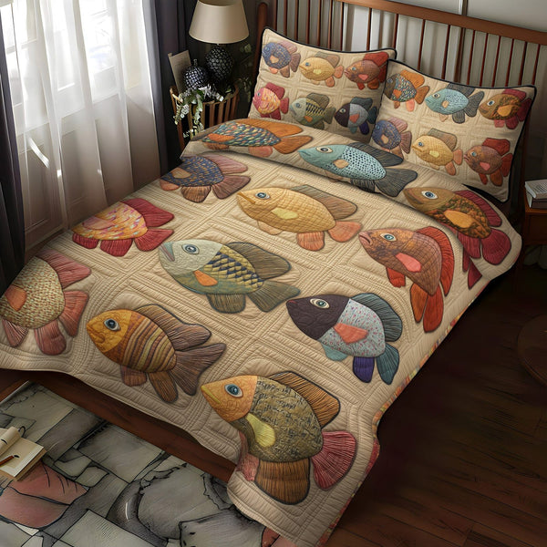 Bluegill Moments quilted 3-piece bedding set on a made bed with two matching pillow shams