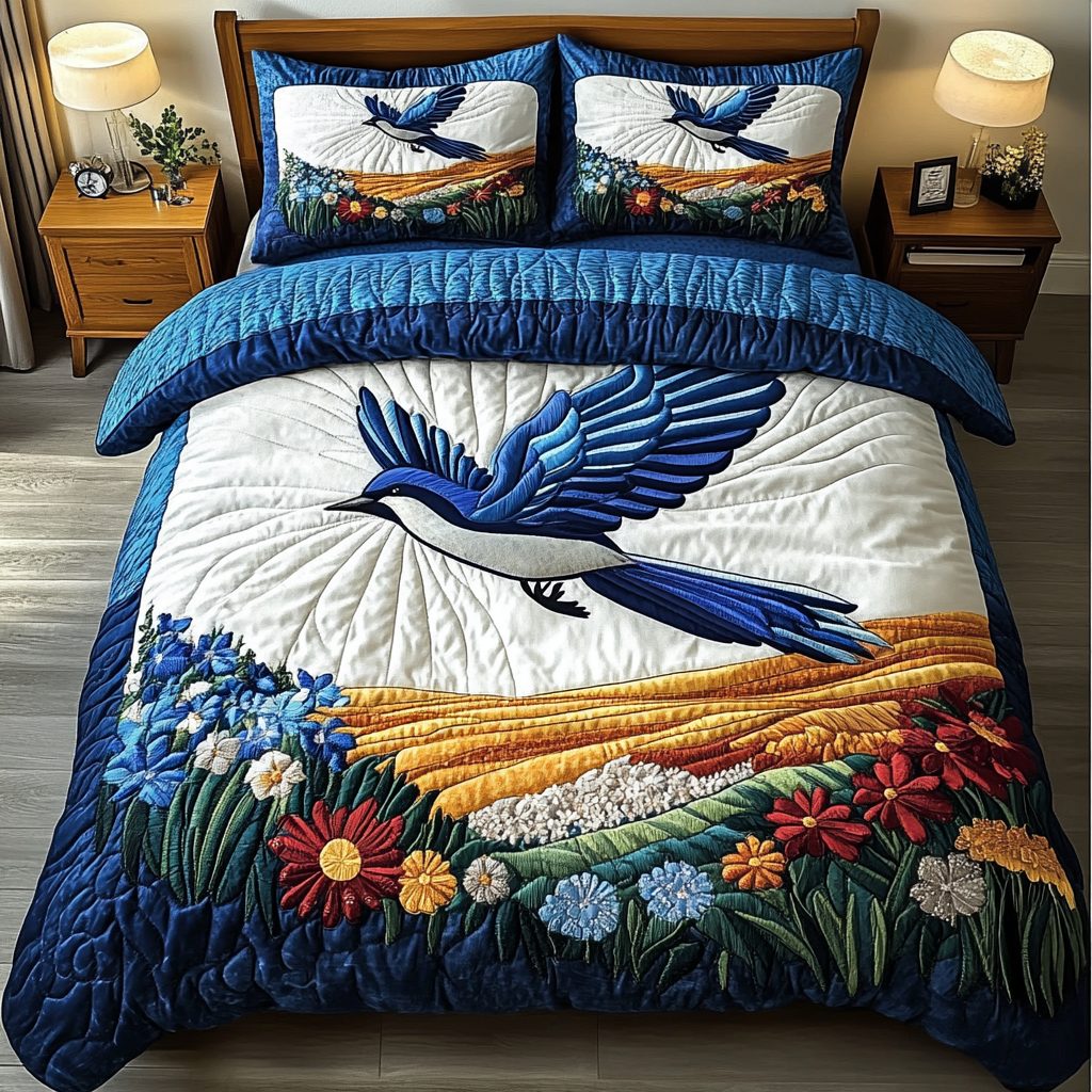 Bluejay Wings quilted 3-piece bedding set on a made bed with two matching pillow shams