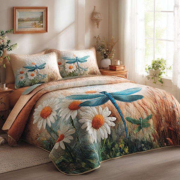 Bluewing Bloom quilted 3-piece bedding set on a made bed with two matching pillow shams