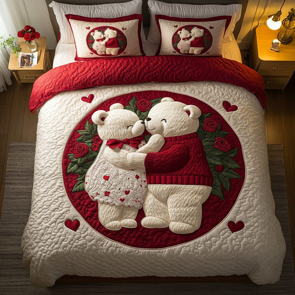 Blush Bear Delight quilted 3-piece bedding set on a made bed with two matching pillow shams
