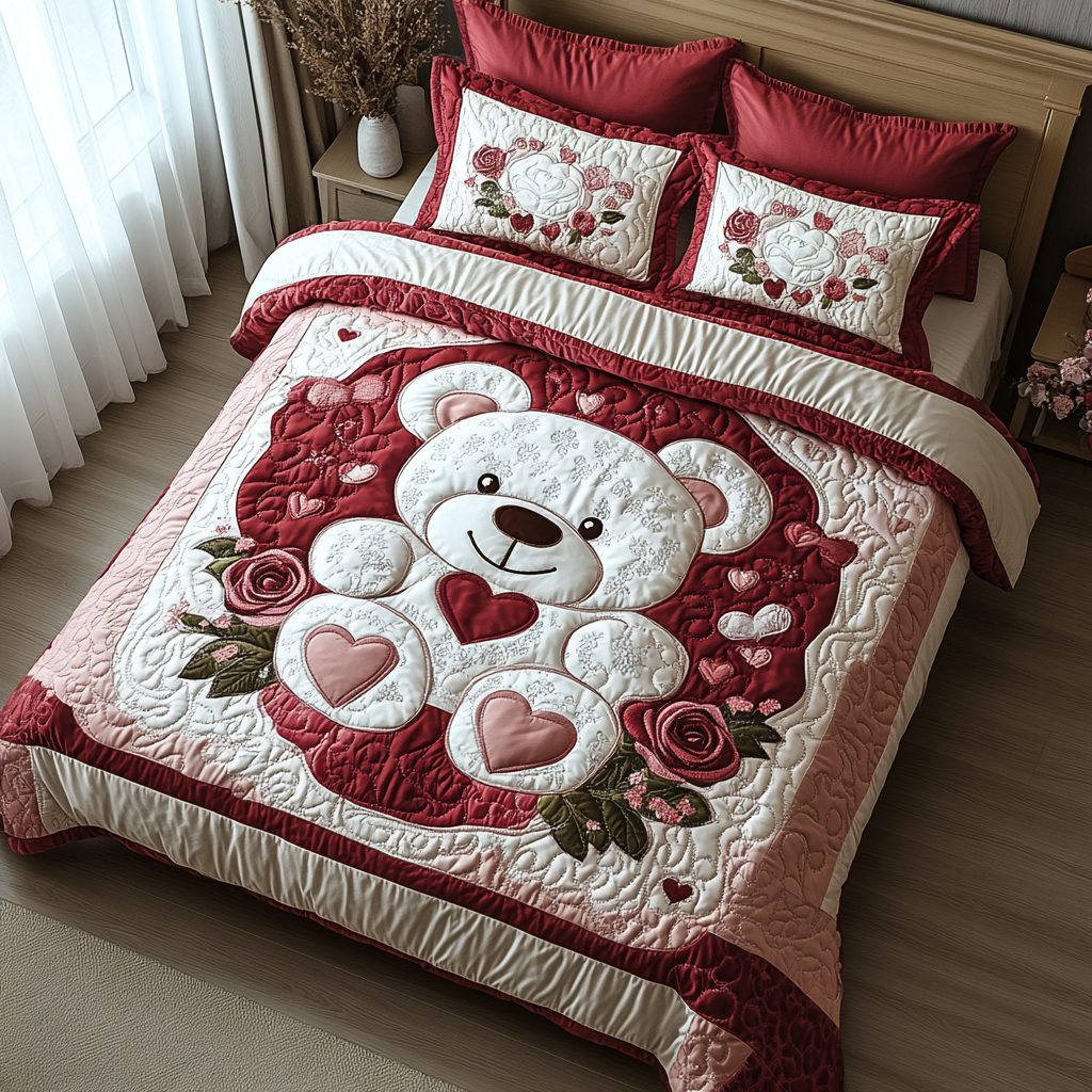 Blush Bear quilted 3-piece bedding set on a made bed with two matching pillow shams