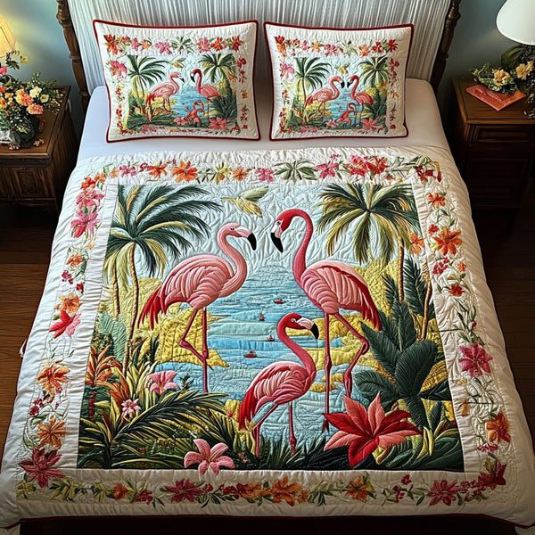 Blush Feathers quilted 3-piece bedding set on a made bed with two matching pillow shams