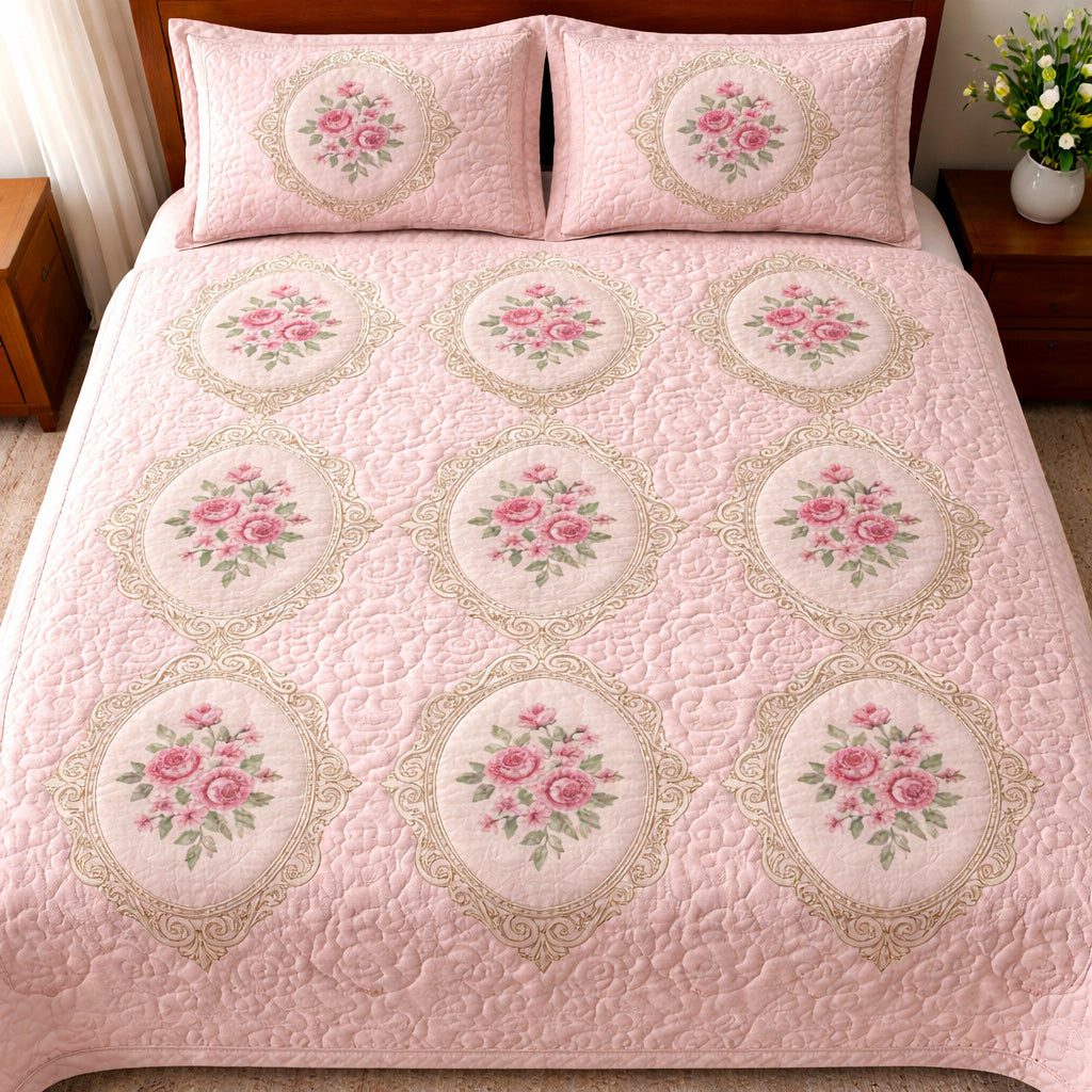 Blush Garden quilted 3-piece bedding set on a made bed with two matching pillow shams
