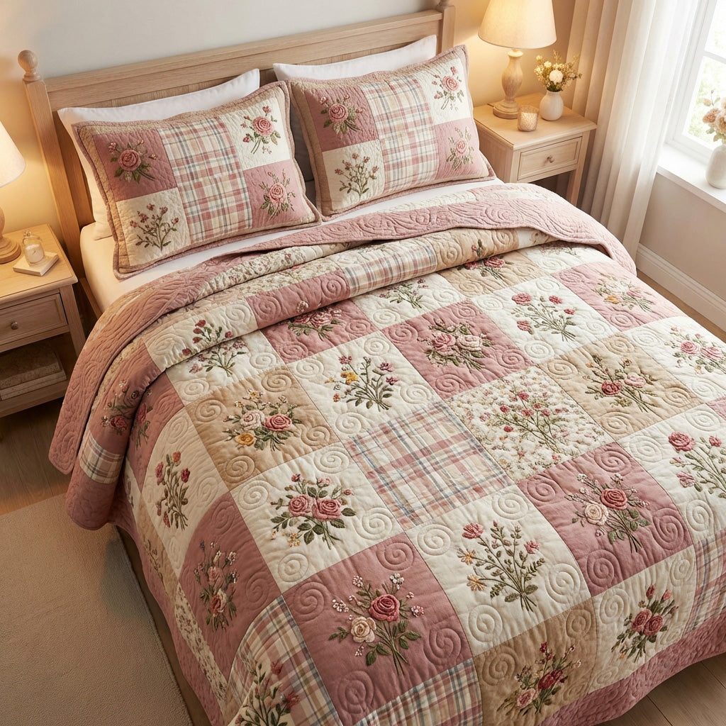 Blush Garden quilted 3-piece bedding set on a made bed with two matching pillow shams