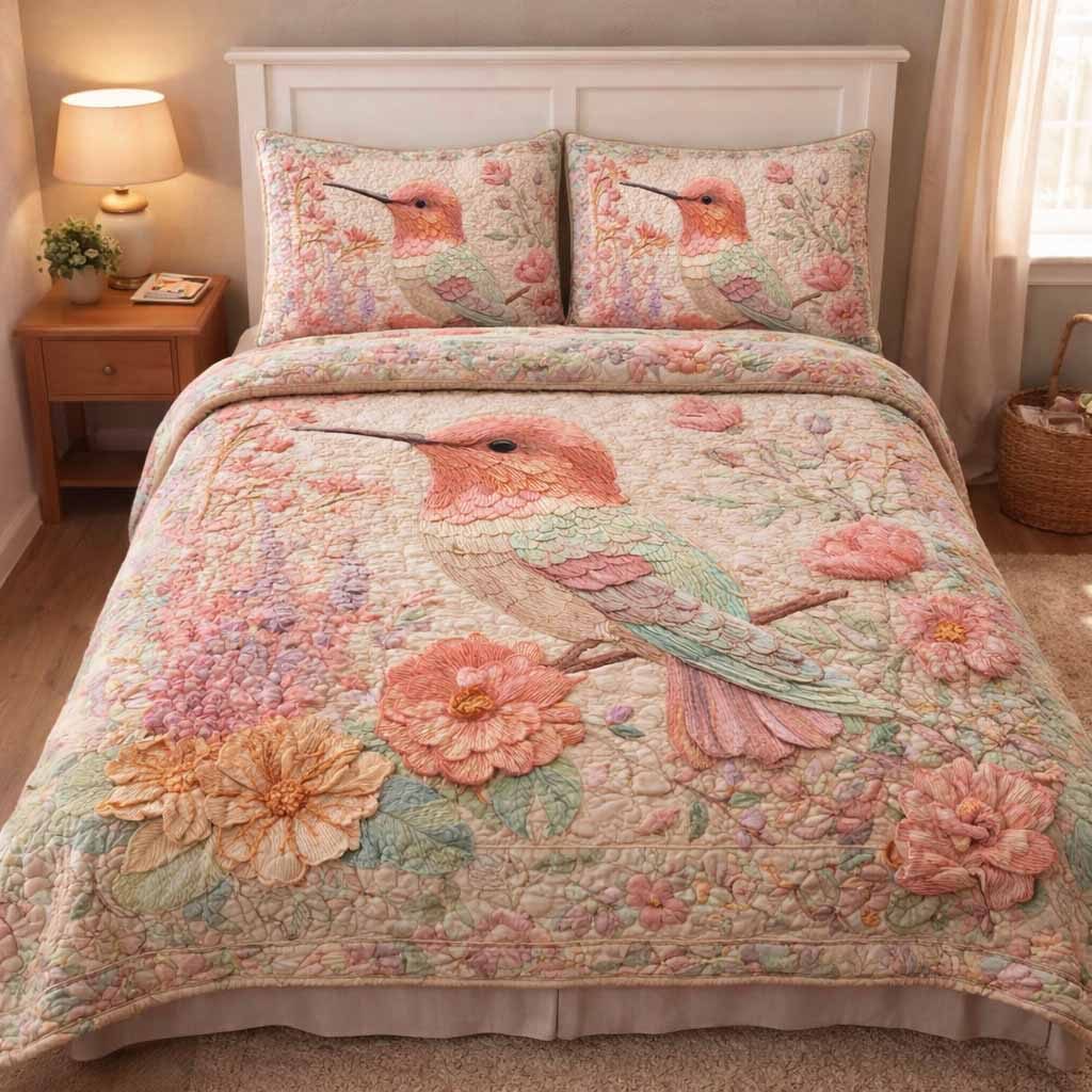Blush Hummingbird quilted 3-piece bedding set on a made bed with two matching pillow shams