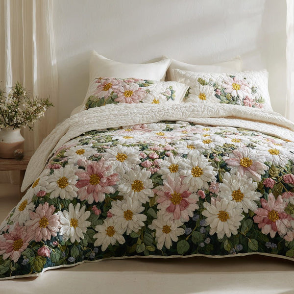 Blush Meadow quilted 3-piece bedding set on a made bed with two matching pillow shams