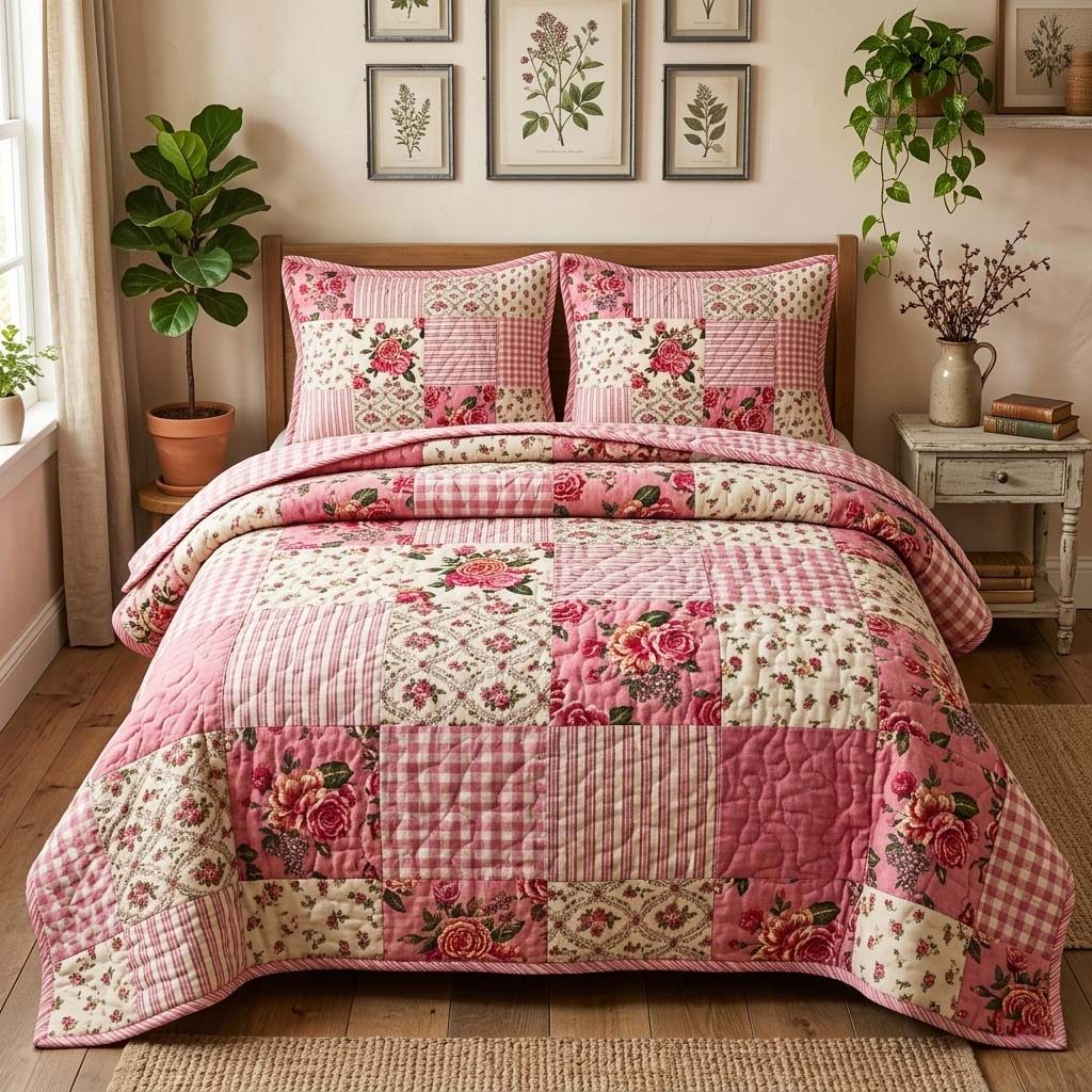 Blush Patchwork quilted 3-piece bedding set on a made bed in a farmhouse bedroom