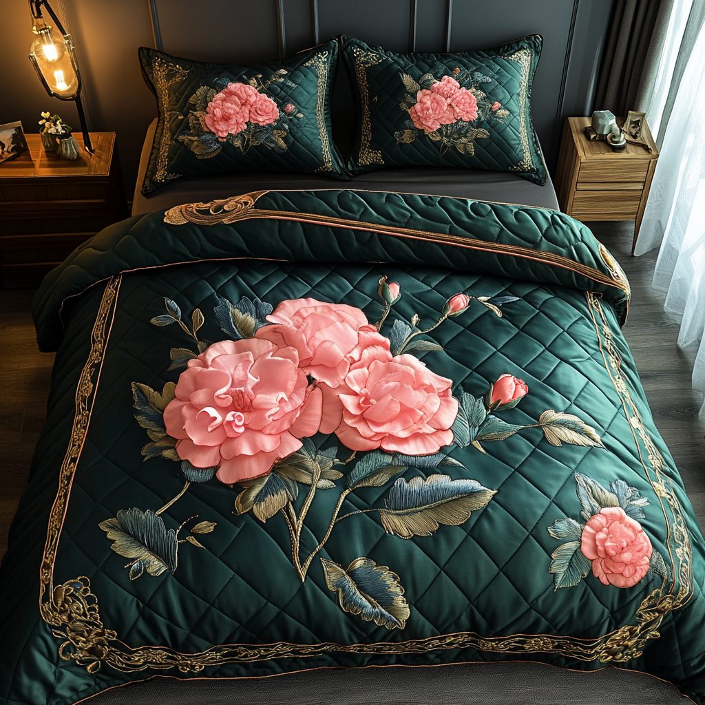 Blush Petals quilted 3-piece bedding set on a made bed with two matching pillow shams