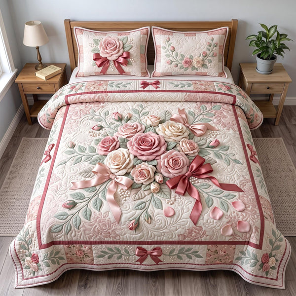 Blush Rose quilted 3-piece bedding set on a made bed with two matching pillow shams