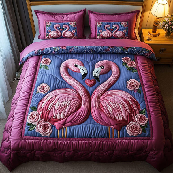 Blushing Feathers quilted 3-piece bedding set on a made bed with two matching pillow shams