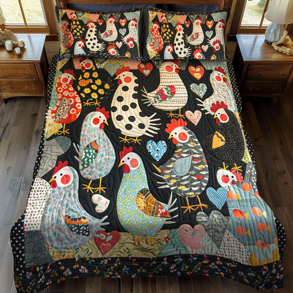Blushing Hens quilted 3-piece bedding set on a made bed with two matching pillow shams