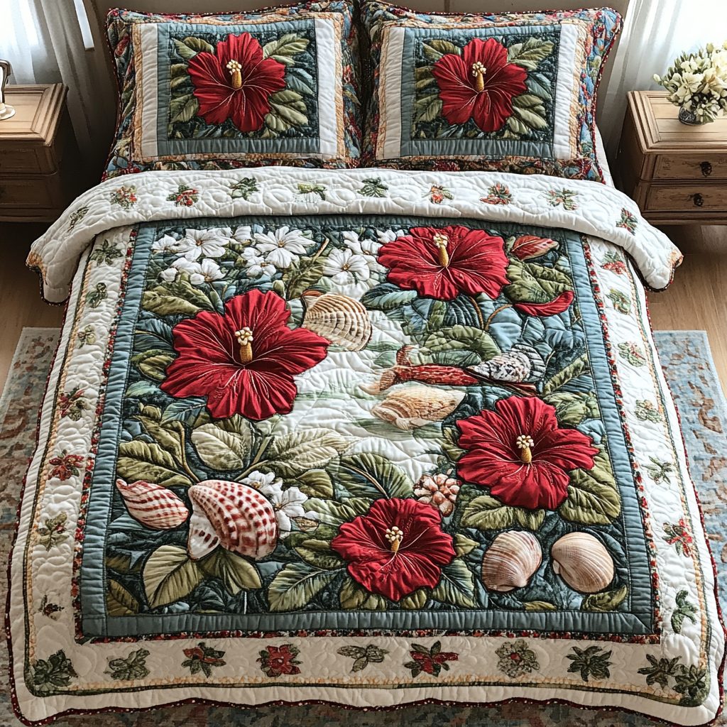 Blushing Paradise quilted 3-piece bedding set on a made bed with two matching pillow shams