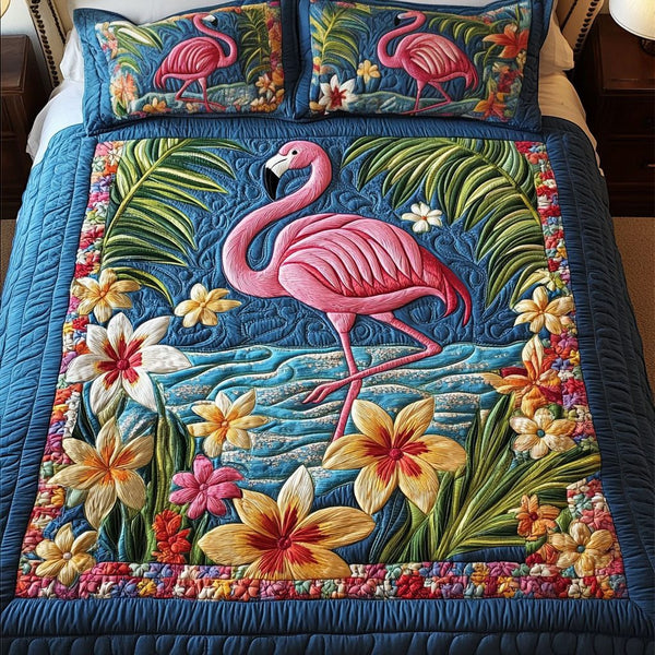 Blushing Skies quilted 3-piece bedding set on a made bed with two matching pillow shams