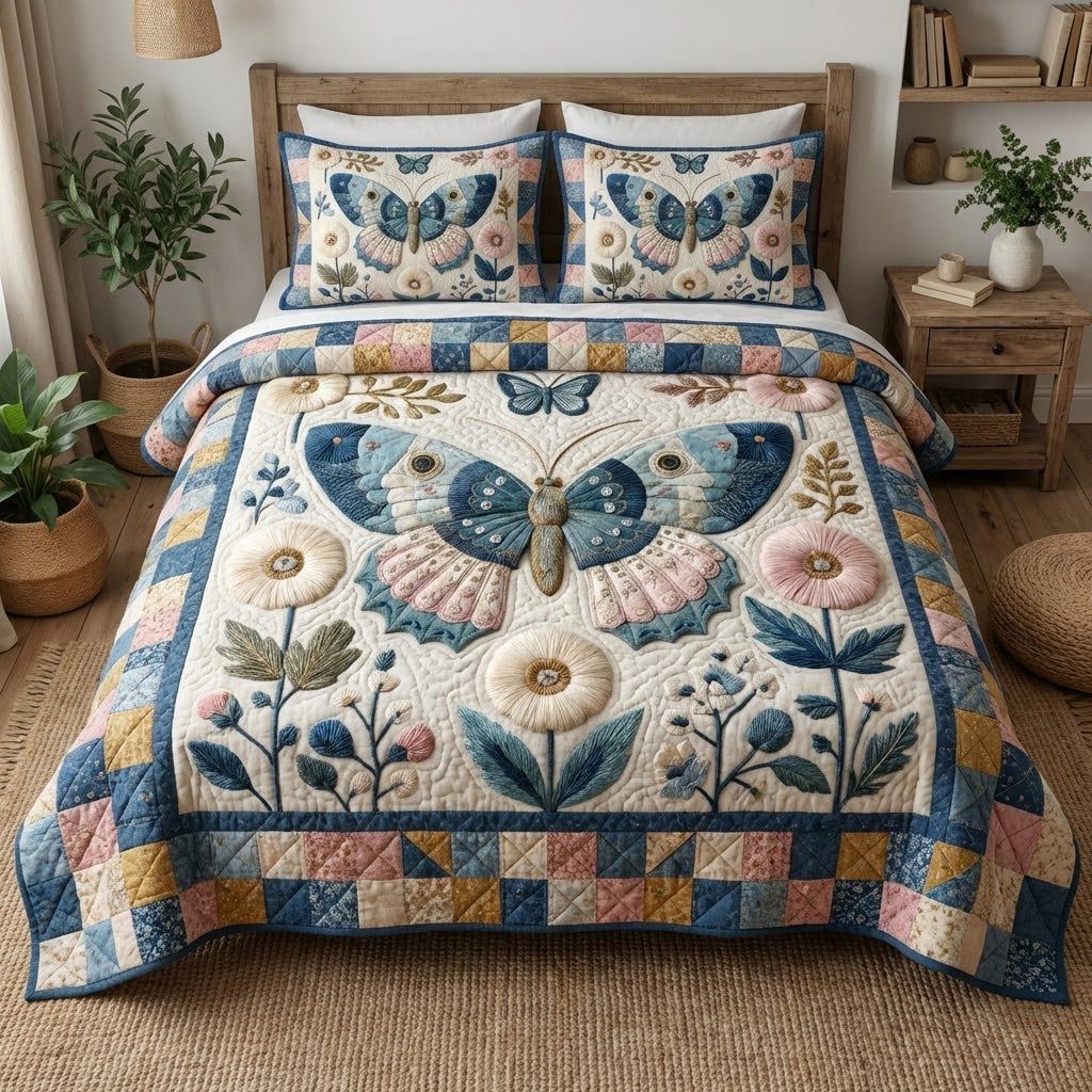 Blushwing quilted 3-piece bedding set on a made bed with two matching pillow shams