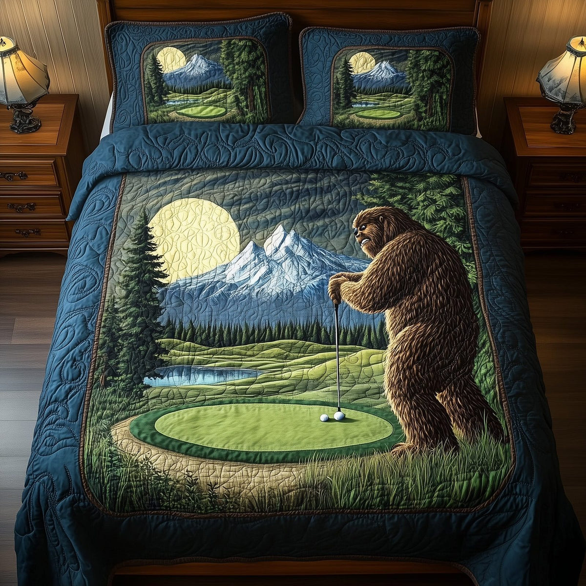Bogey Putt quilted 3-piece bedding set on a made bed with two matching pillow shams