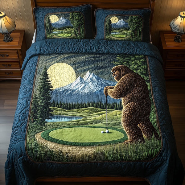 Bogey Putt quilted 3-piece bedding set on a made bed with two matching pillow shams