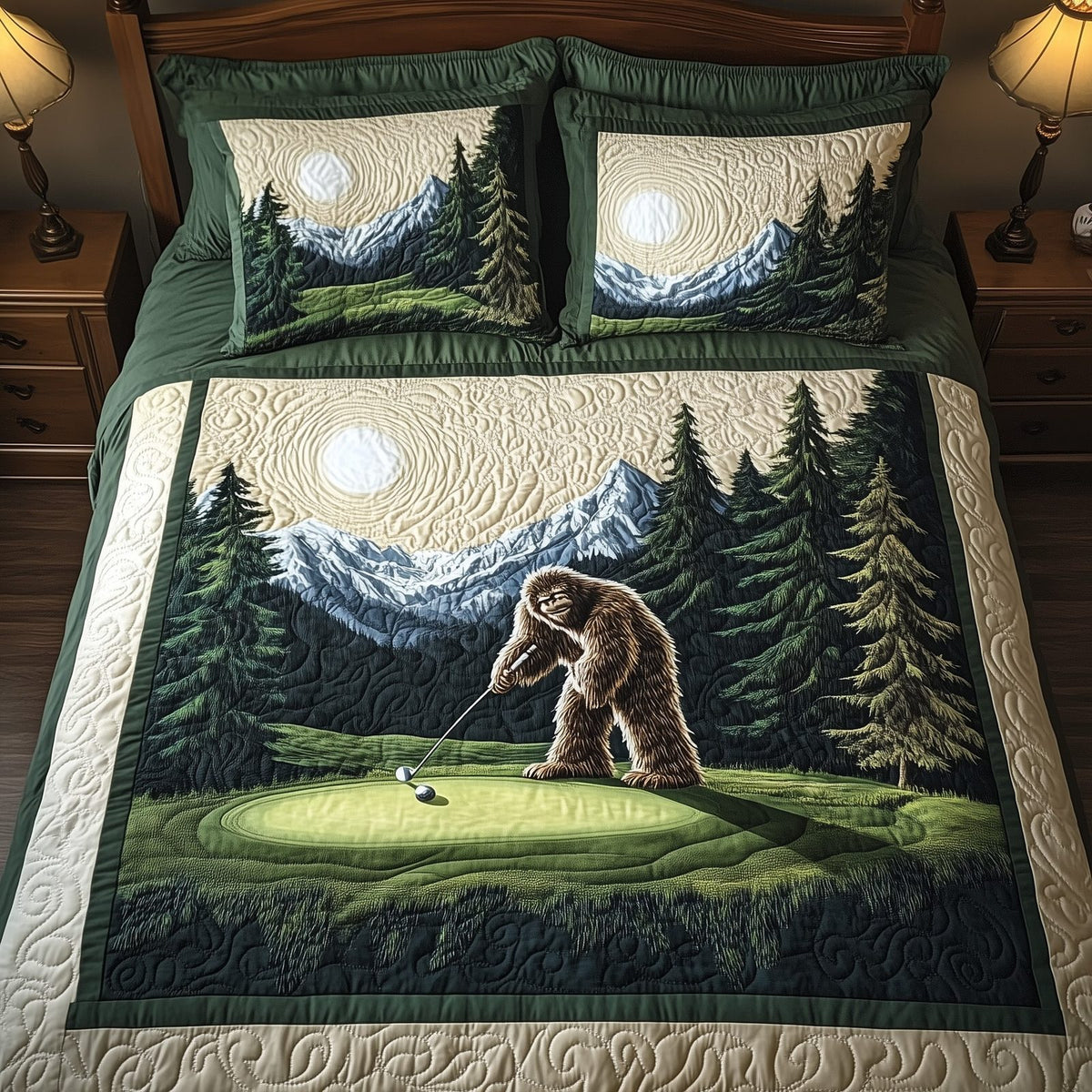 Bogey Putt quilted 3-piece bedding set on a made bed with two matching pillow shams