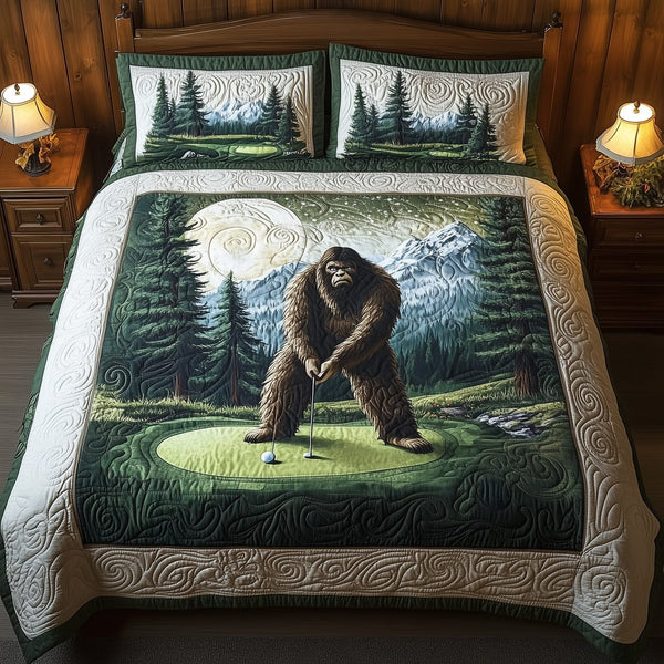Bogey Putt quilted 3-piece bedding set on a made bed with two matching pillow shams