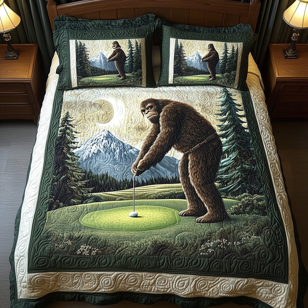Bogey Putt quilted 3-piece bedding set on a made bed with two matching pillow shams