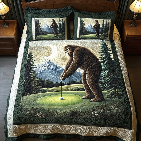 Bogey Putt quilted 3-piece bedding set on a made bed with two matching pillow shams