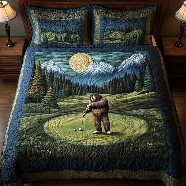 Bogey Putt quilted 3-piece bedding set on a made bed with two matching pillow shams