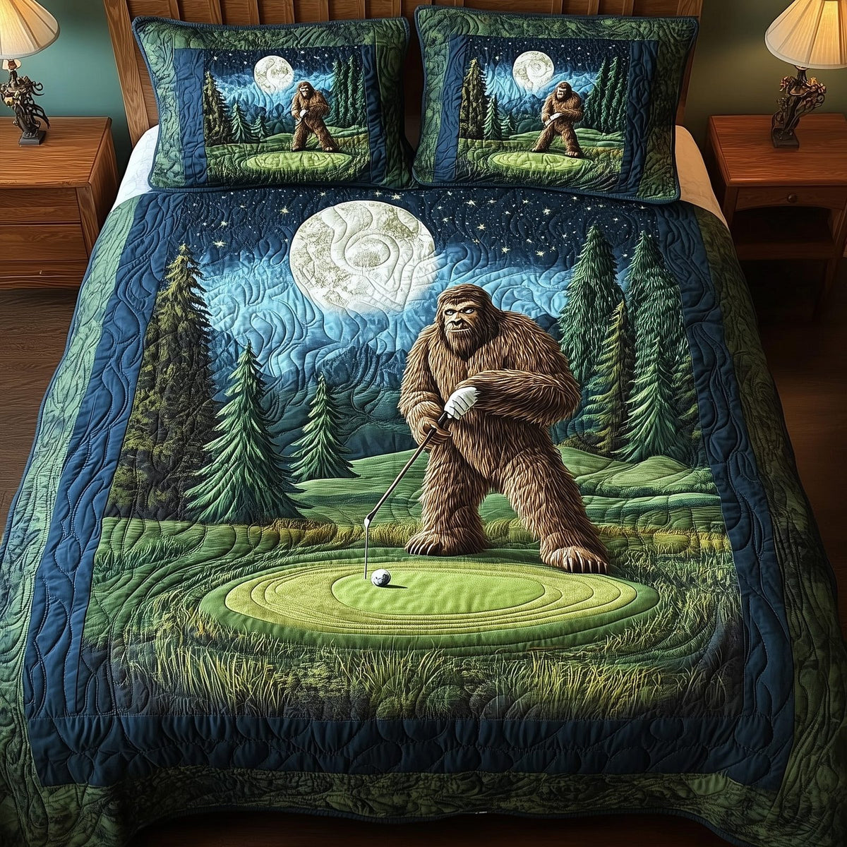 Bogey Putt quilted 3-piece bedding set on a made bed with two matching pillow shams