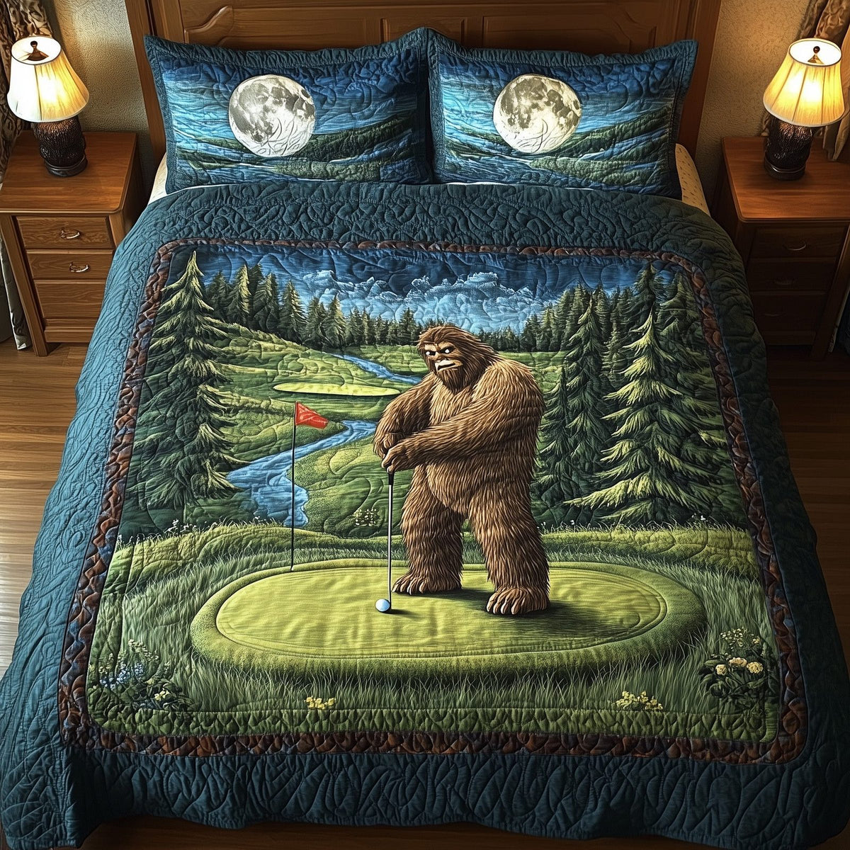 Bogey Putt quilted 3-piece bedding set on a made bed with two matching pillow shams