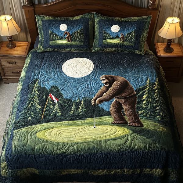 Bogey Putt quilted 3-piece bedding set on a made bed with two matching pillow shams