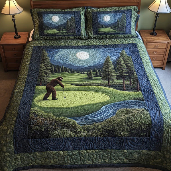Bogey Putt quilted 3-piece bedding set on a made bed with two matching pillow shams